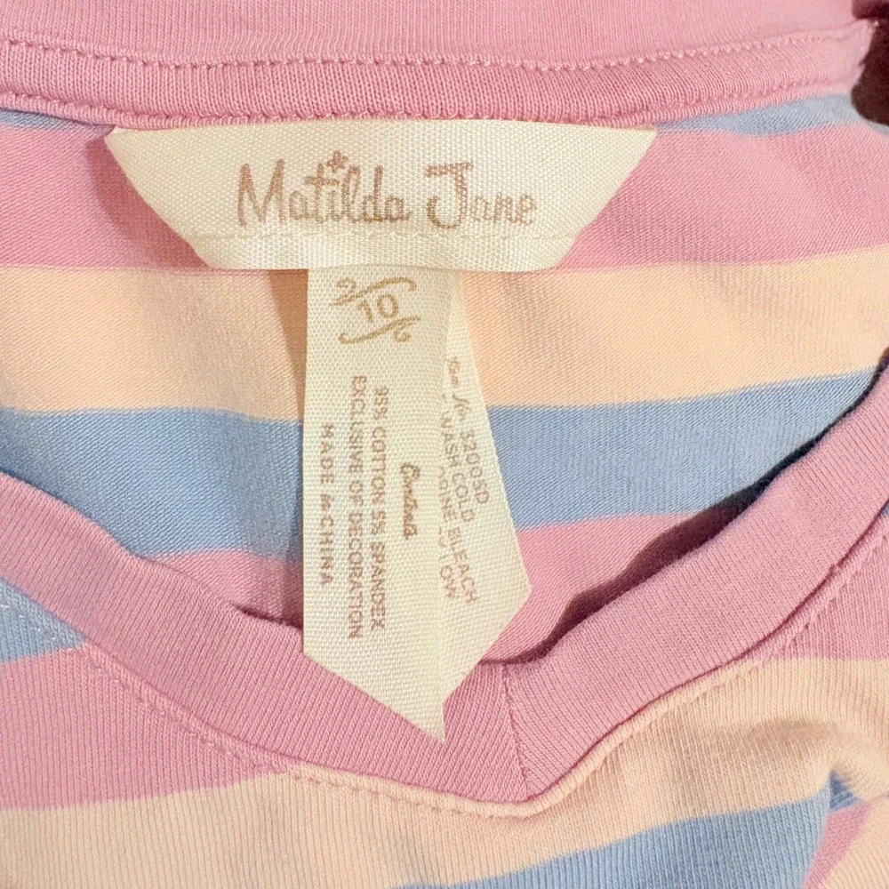 Matilda Jane Girls Emery Pink Blue Striped Ruffle Sleeve Dress Size 10 32005D